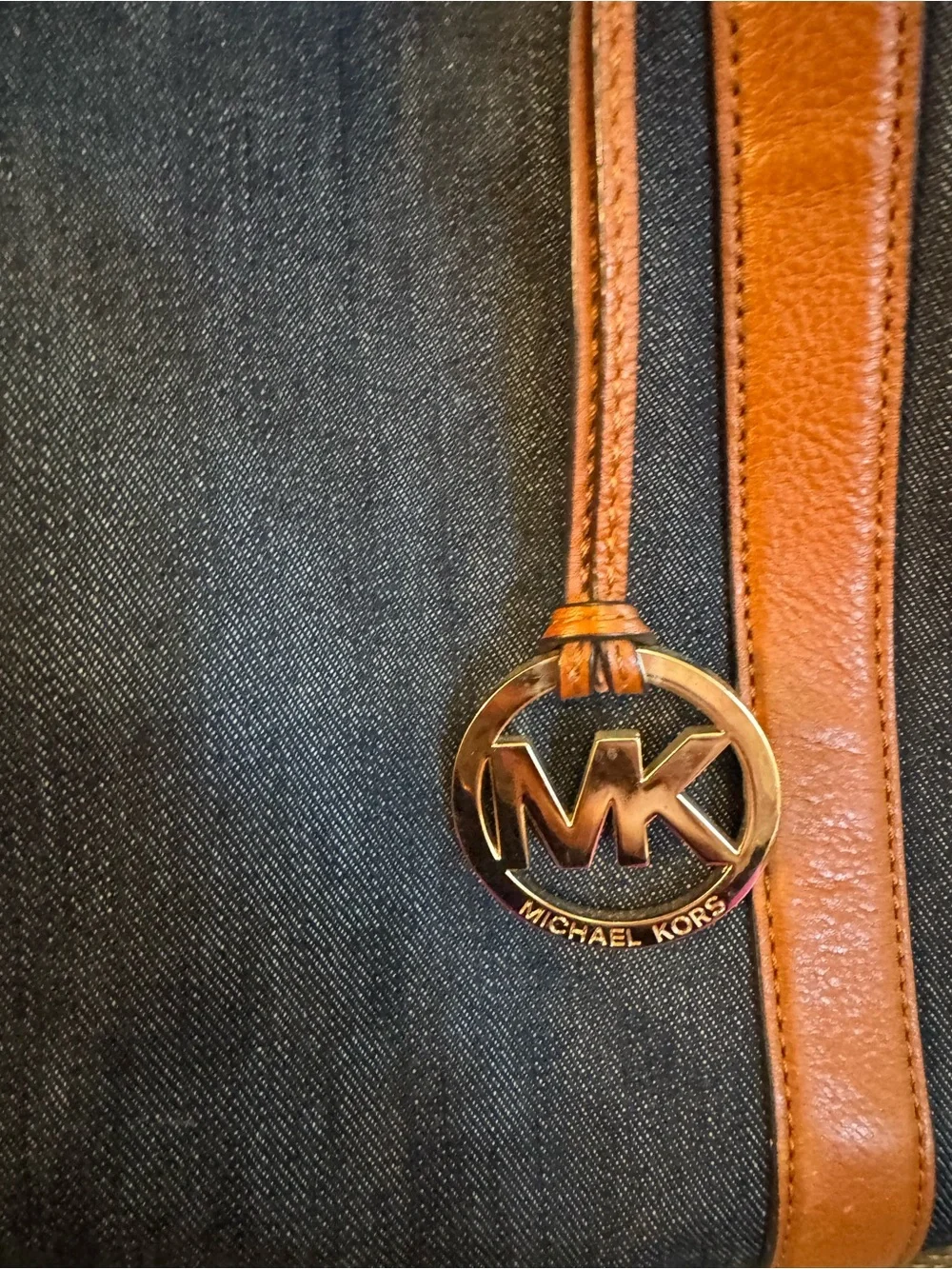 Michael Kors Dark Denim Tote with Brown Leather Trim and MK Charm